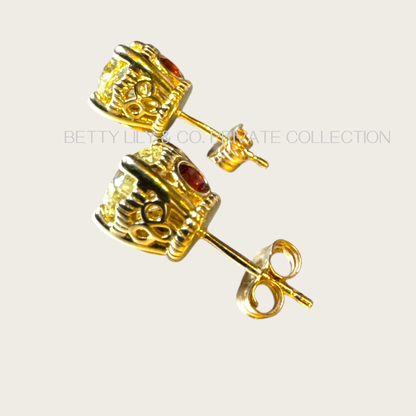 14K Yellow Gold 2.00 CTW Natural Diamond Solitaire Stud Earrings with Garnet Accent | Private Collection