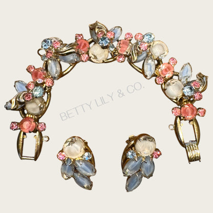 Verified Juliana Bracelet & Earrings Set – Blue, Pink & White Givre Rhinestones – 1960s Vintage Jewelry