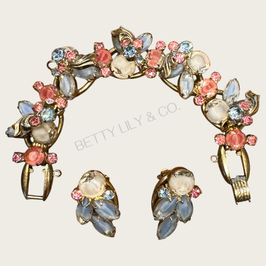 Verified Juliana Bracelet & Earrings Set – Blue, Pink & White Givre Rhinestones – 1960s Vintage Jewelry