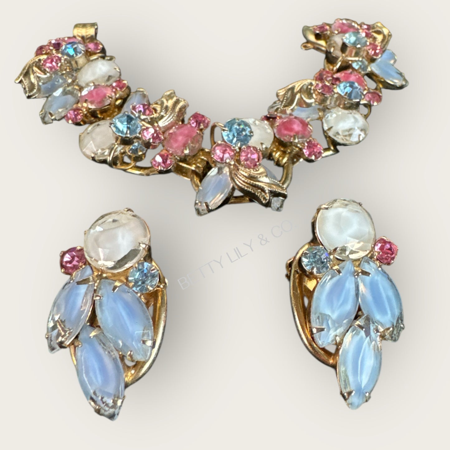 Verified Juliana Bracelet & Earrings Set – Blue, Pink & White Givre Rhinestones – 1960s Vintage Jewelry