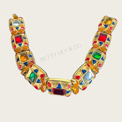 Signed MMA USA Enamel & Glass Cabochon Panel Bracelet – Multi-Color Articulated Design