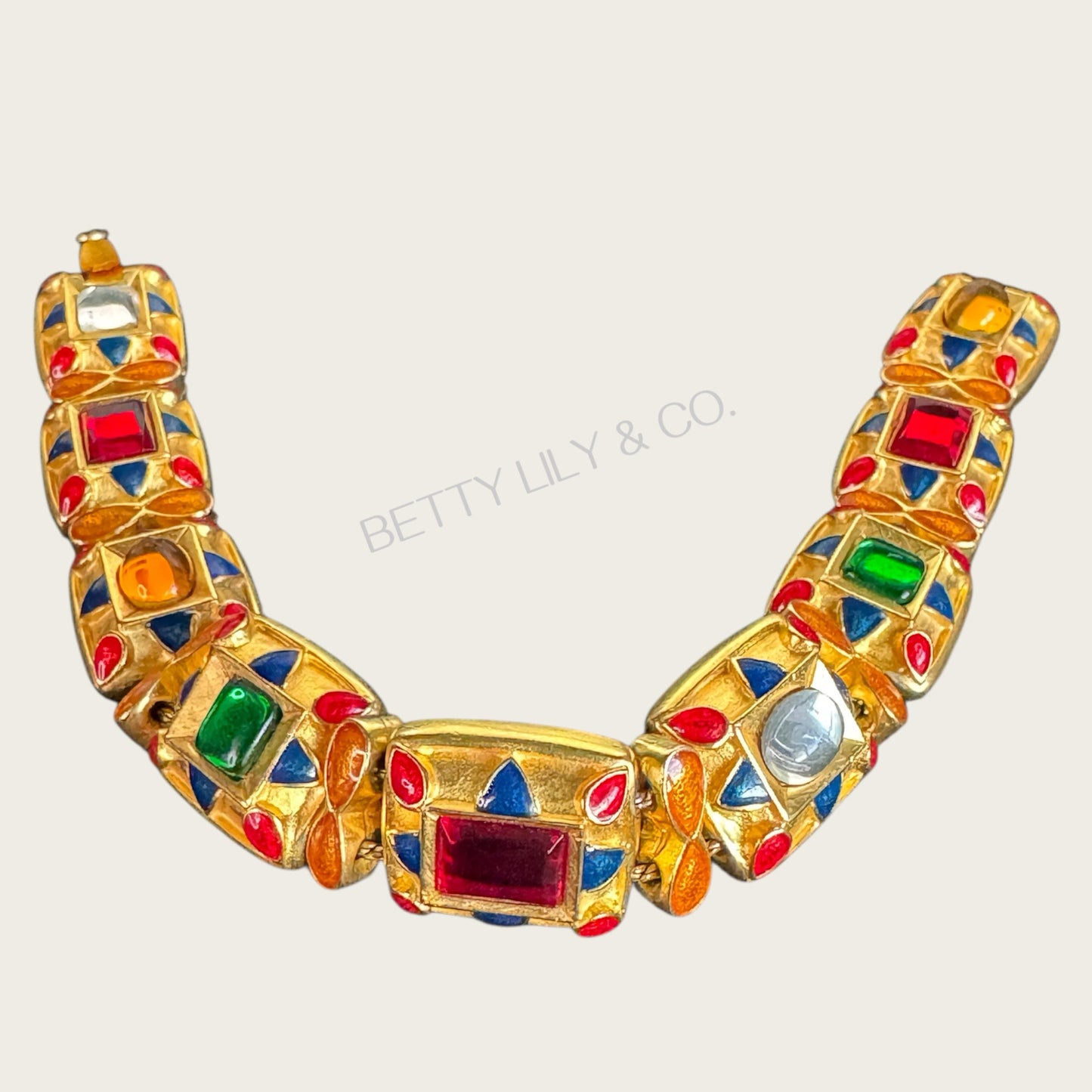 Signed MMA USA Enamel & Glass Cabochon Panel Bracelet – Multi-Color Articulated Design