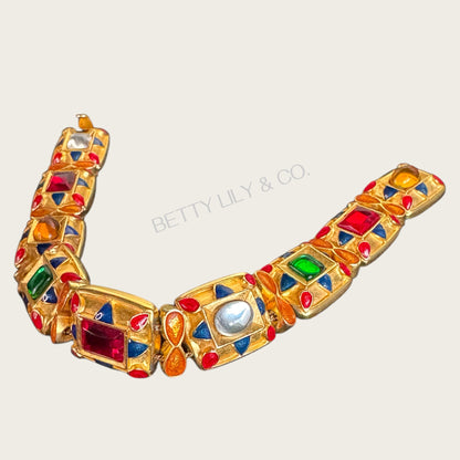 Signed MMA USA Enamel & Glass Cabochon Panel Bracelet – Multi-Color Articulated Design