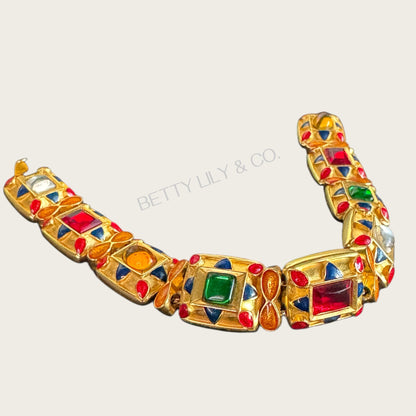 Signed MMA USA Enamel & Glass Cabochon Panel Bracelet – Multi-Color Articulated Design