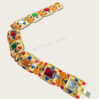 Signed MMA USA Enamel & Glass Cabochon Panel Bracelet – Multi-Color Articulated Design