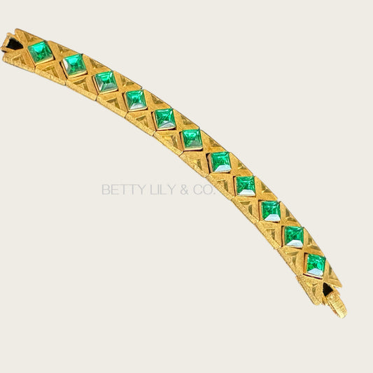 Vintage Czech-Style Articulated Bracelet – Brushed Gold with Emerald Green Glass Stones