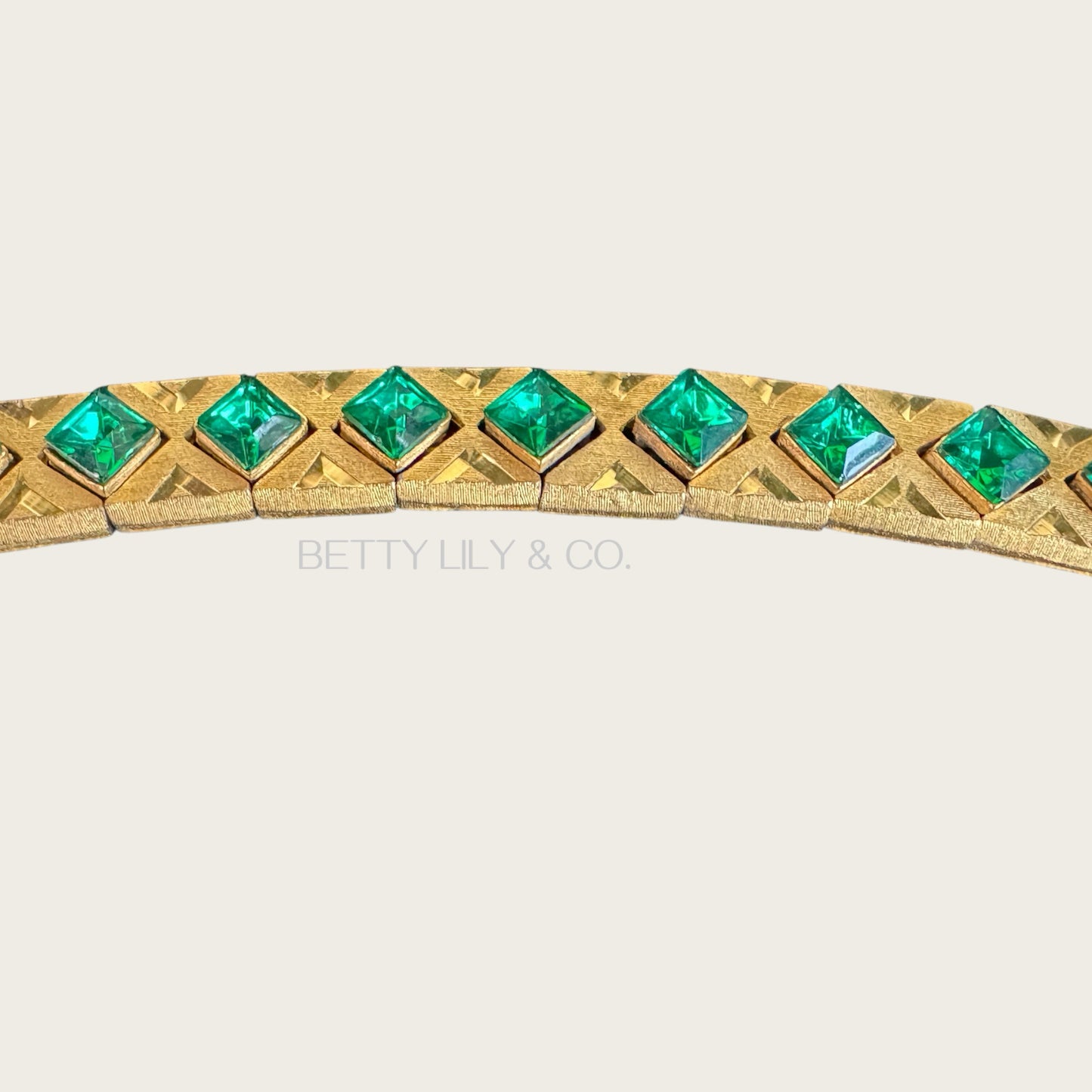 Vintage Czech-Style Articulated Bracelet – Brushed Gold with Emerald Green Glass Stones