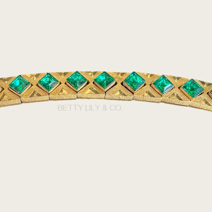 Vintage Czech-Style Articulated Bracelet – Brushed Gold with Emerald Green Glass Stones