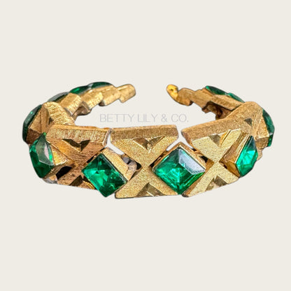 Vintage Czech-Style Articulated Bracelet – Brushed Gold with Emerald Green Glass Stones