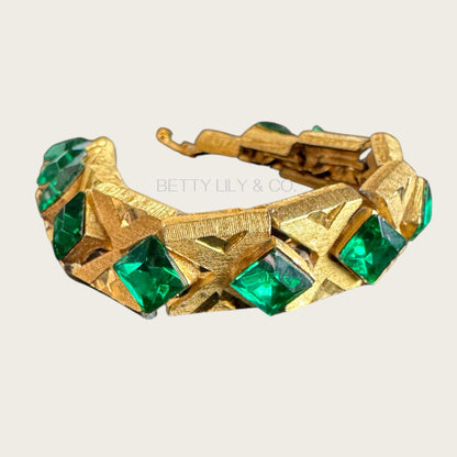 Vintage Czech-Style Articulated Bracelet – Brushed Gold with Emerald Green Glass Stones