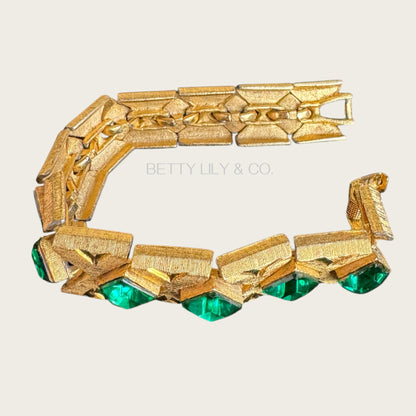 Vintage Czech-Style Articulated Bracelet – Brushed Gold with Emerald Green Glass Stones