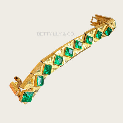 Vintage Czech-Style Articulated Bracelet – Brushed Gold with Emerald Green Glass Stones