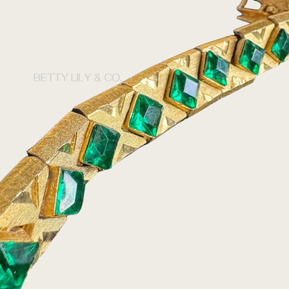 Vintage Czech-Style Articulated Bracelet – Brushed Gold with Emerald Green Glass Stones
