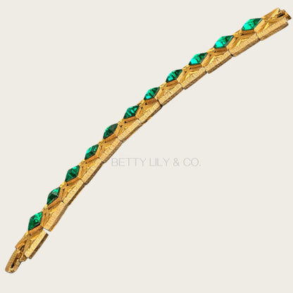 Vintage Czech-Style Articulated Bracelet – Brushed Gold with Emerald Green Glass Stones