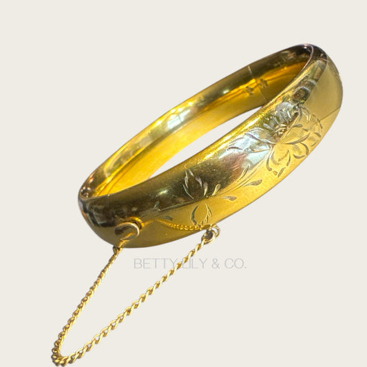 Vintage 1/20 12K Gold-Filled Hand-Engraved Floral Hinged Bangle Bracelet – 22.10g