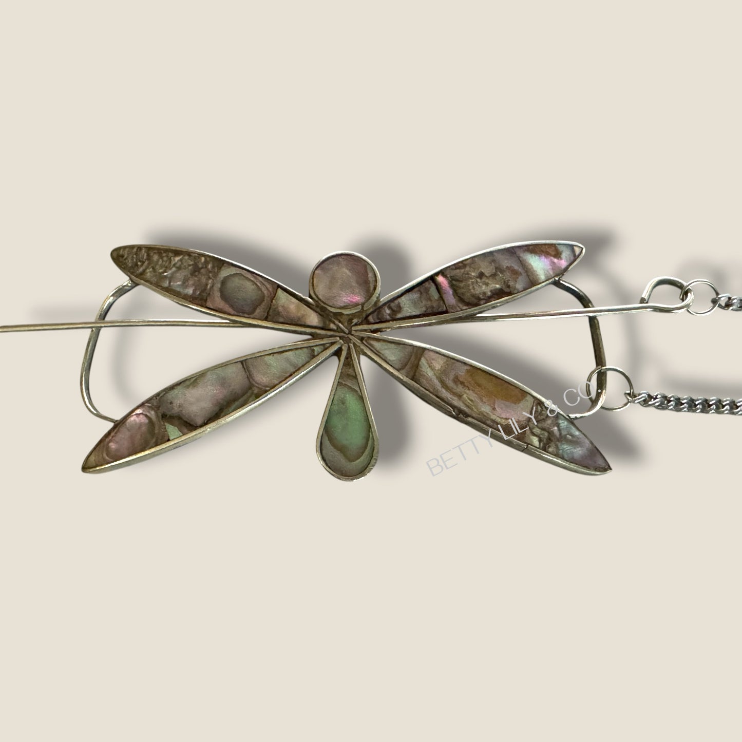 Vintage Mexican Abalone Inlay Dragonfly Hair Ornament – Signed Hecho en Mexico