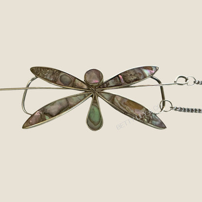 Vintage Mexican Abalone Inlay Dragonfly Hair Ornament – Signed Hecho en Mexico
