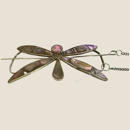 Vintage Mexican Abalone Inlay Dragonfly Hair Ornament – Signed Hecho en Mexico