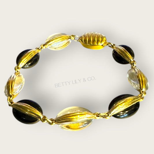 Vintage Swarovski Dove-Marked Crystal Cabochon Bracelet – Jet & Clear, Ribbed Gold Wrap Links