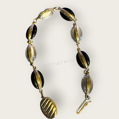 Vintage Swarovski Dove-Marked Crystal Cabochon Bracelet – Jet & Clear, Ribbed Gold Wrap Links