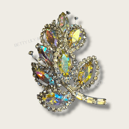 Vintage Weiss Aurora Borealis Four-Piece Parure – Necklace, Clip Earrings & Dual Brooch Set – Mid-Century AB Navette & Rivoli – Signed