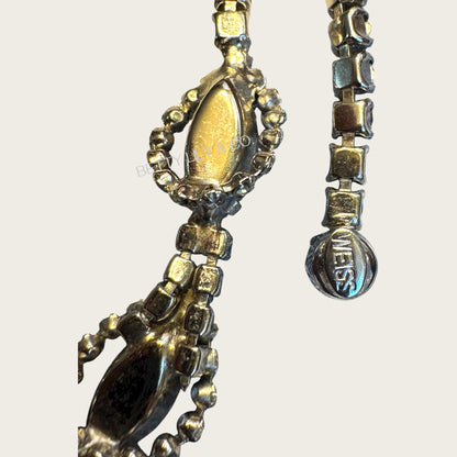 Vintage Weiss Aurora Borealis Four-Piece Parure – Necklace, Clip Earrings & Dual Brooch Set – Mid-Century AB Navette & Rivoli – Signed