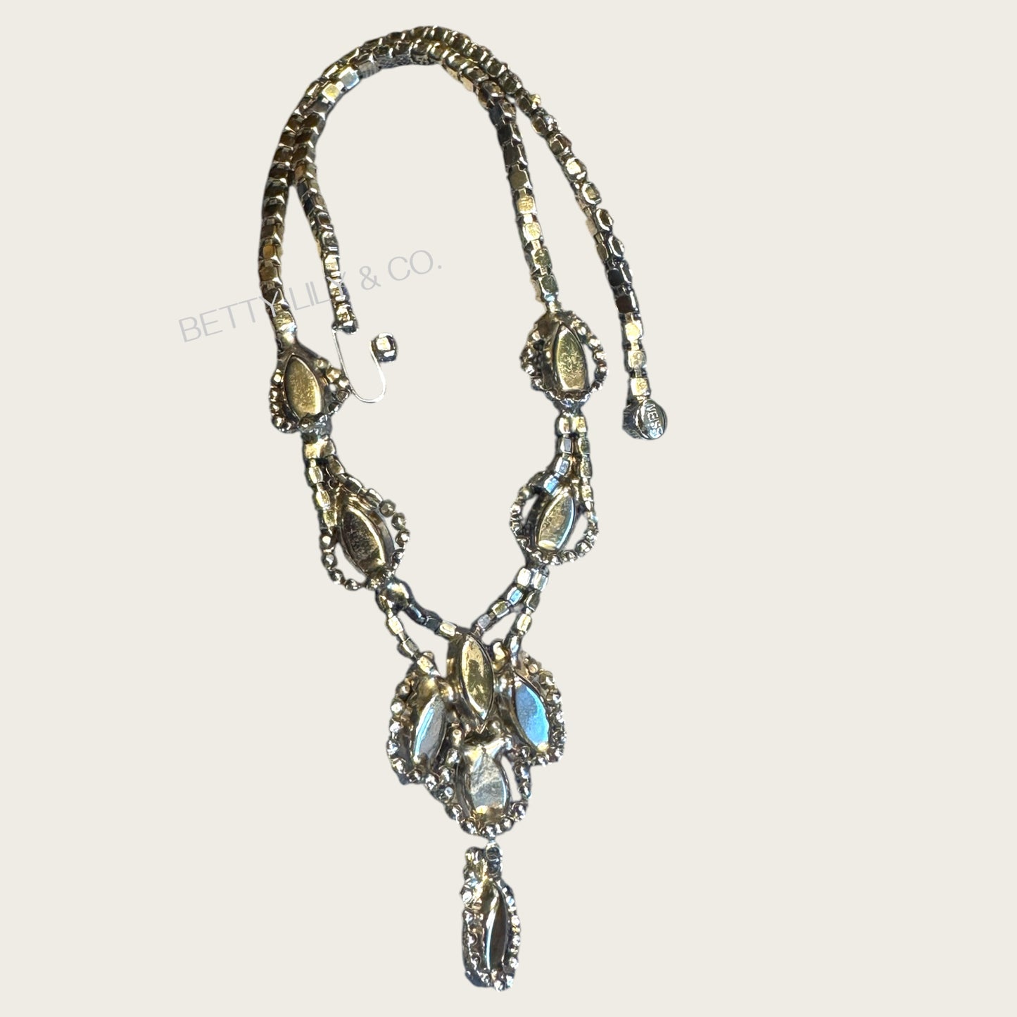 Vintage Weiss Aurora Borealis Four-Piece Parure – Necklace, Clip Earrings & Dual Brooch Set – Mid-Century AB Navette & Rivoli – Signed