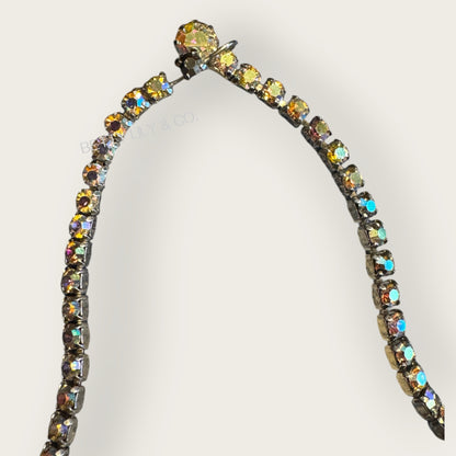 Vintage Weiss Aurora Borealis Four-Piece Parure – Necklace, Clip Earrings & Dual Brooch Set – Mid-Century AB Navette & Rivoli – Signed