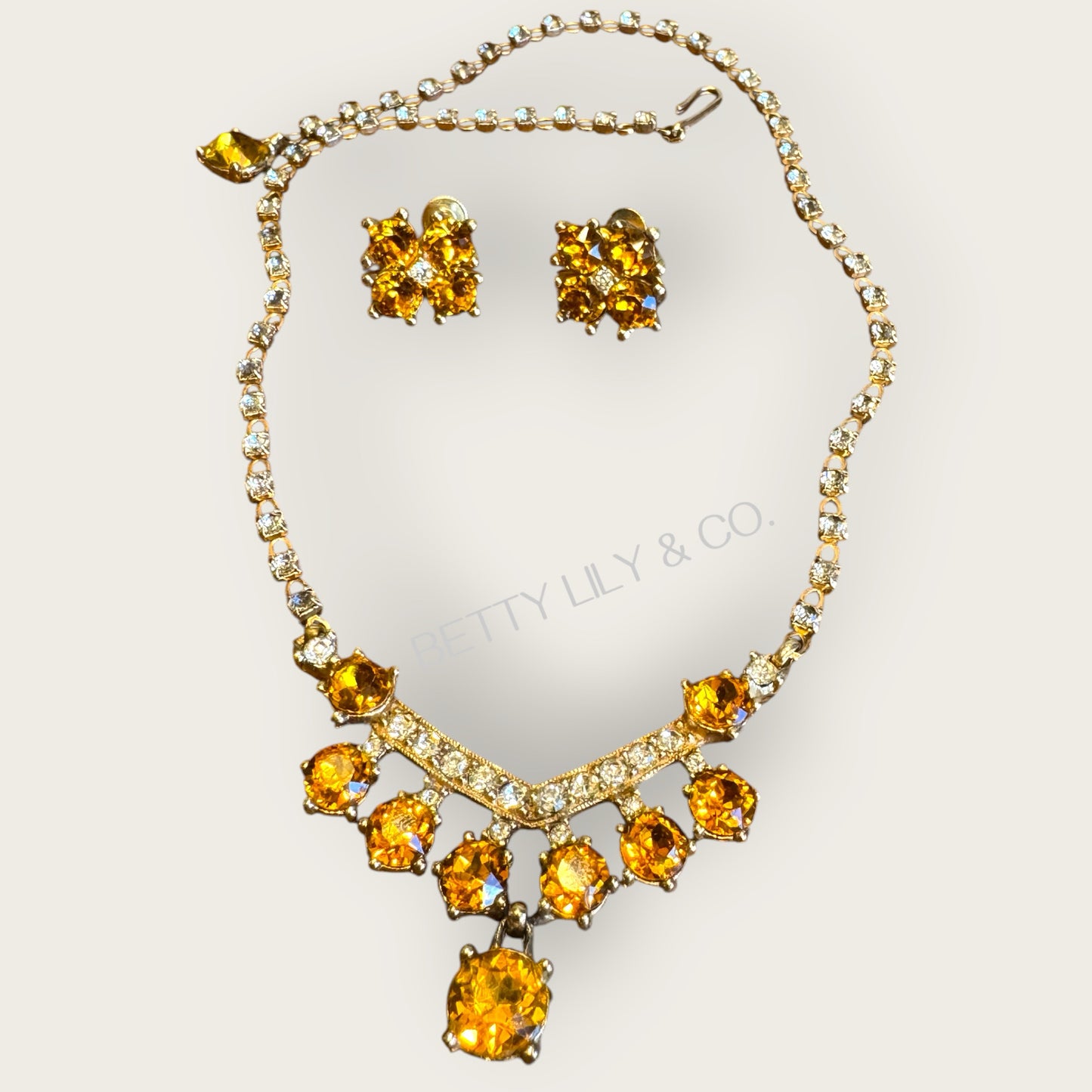 Vintage 1950s Bogoff Amber & Smoky Rhinestone Parure – Signed Necklace & Earrings in Gold-Tone Mid-Century Glamour