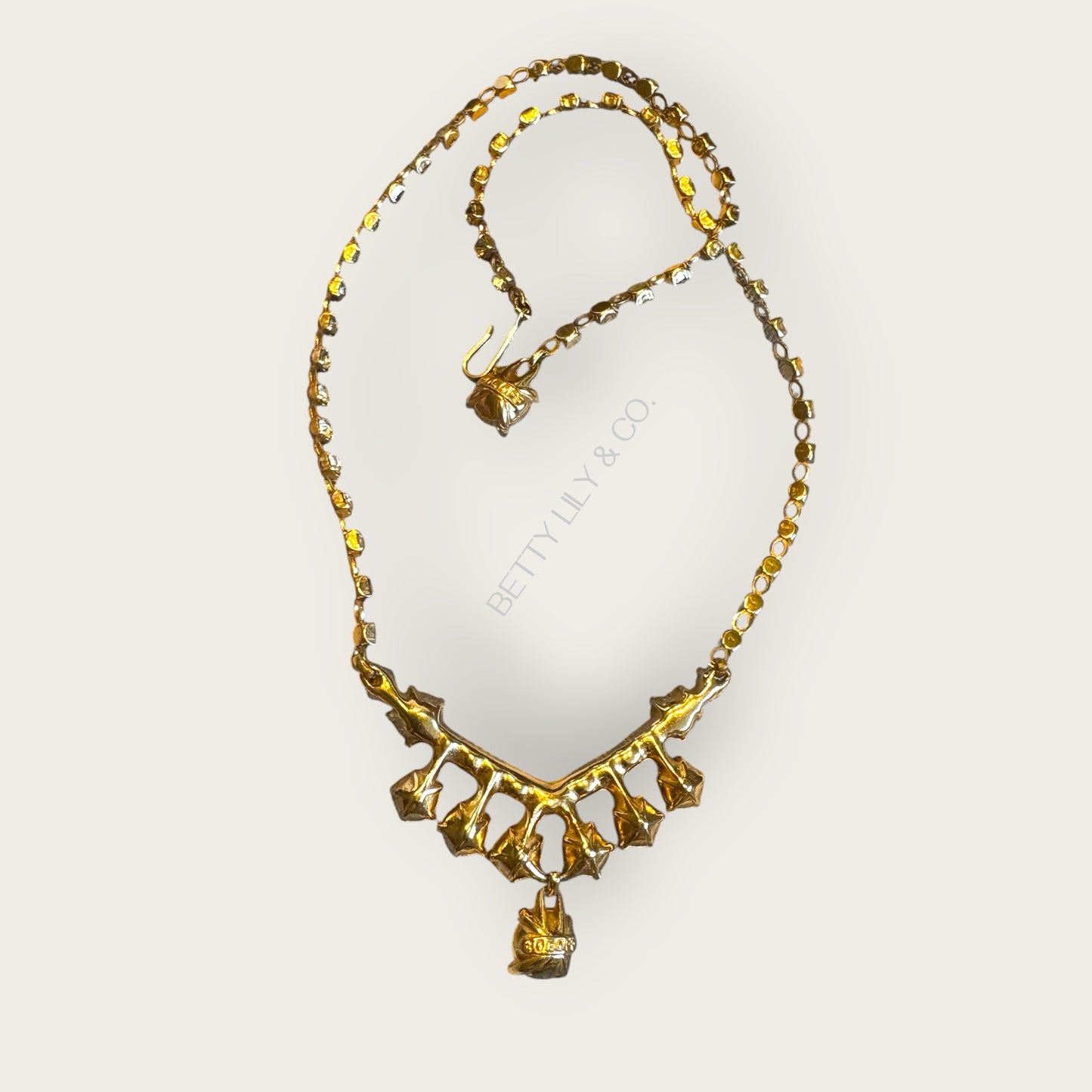 Vintage 1950s Bogoff Amber & Smoky Rhinestone Parure – Signed Necklace & Earrings in Gold-Tone Mid-Century Glamour