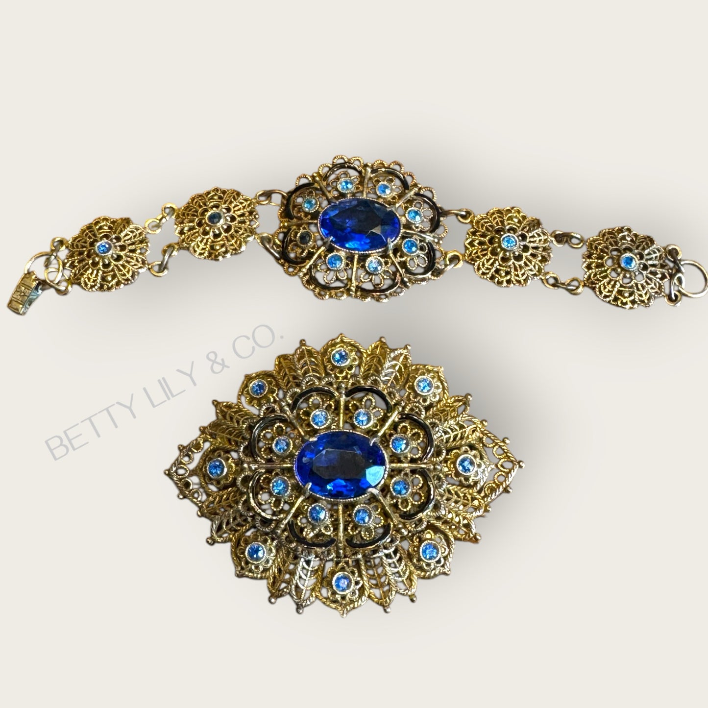 Antique Czech Filigree Bracelet & Brooch Set – Sapphire Glass & Paste Stones – Attributed, Unsigned, c. 1930s