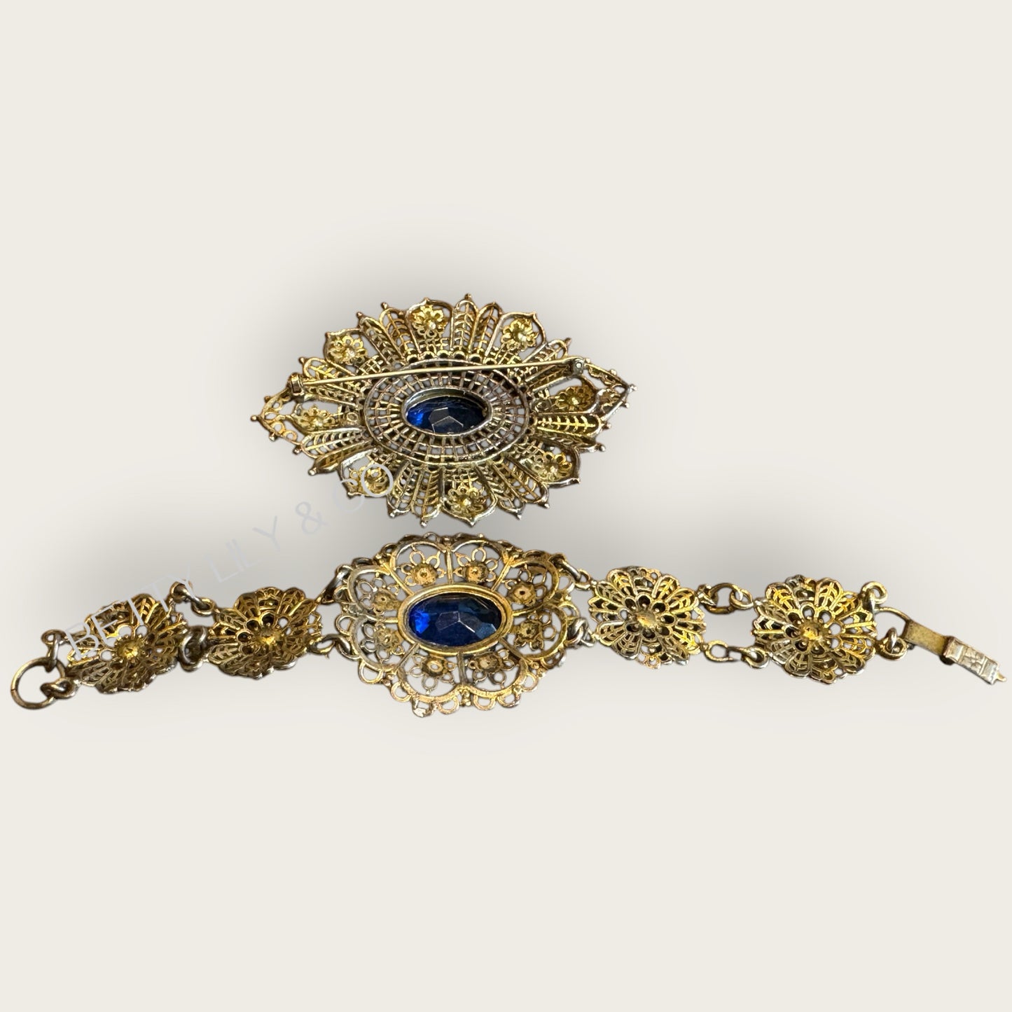 Antique Czech Filigree Bracelet & Brooch Set – Sapphire Glass & Paste Stones – Attributed, Unsigned, c. 1930s