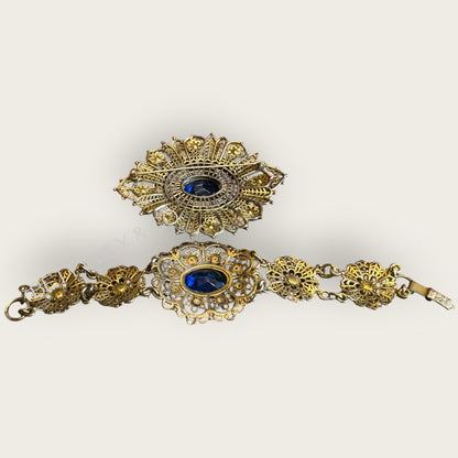 Antique Czech Filigree Bracelet & Brooch Set – Sapphire Glass & Paste Stones – Attributed, Unsigned, c. 1930s