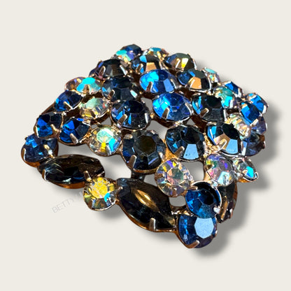 Vintage 1960s Sapphire Blue Aurora Borealis Domed Rhinestone Brooch – Layered Mid-Century Statement Pin in Silver-Tone