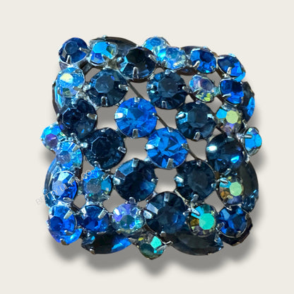 Vintage 1960s Sapphire Blue Aurora Borealis Domed Rhinestone Brooch – Layered Mid-Century Statement Pin in Silver-Tone