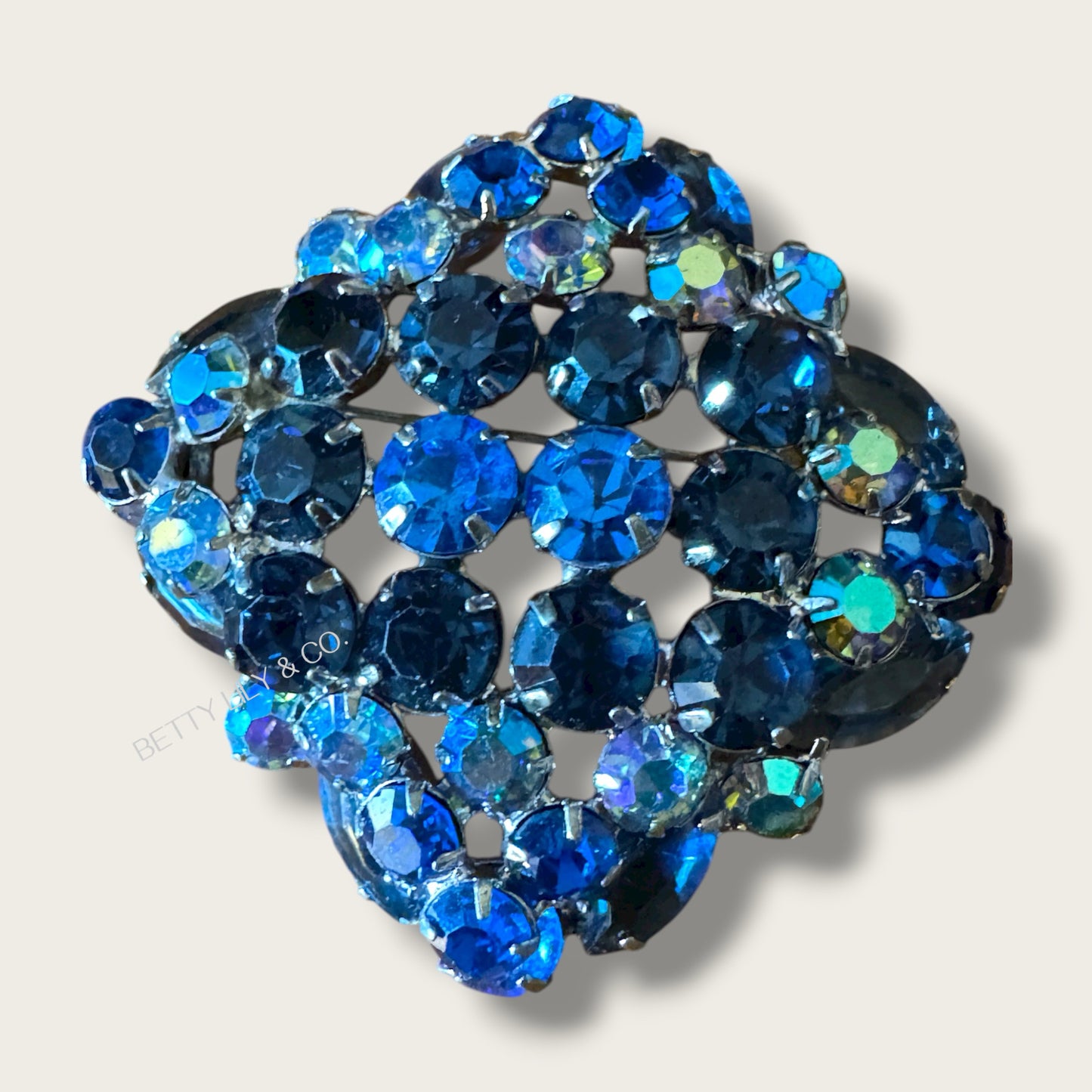 Vintage 1960s Sapphire Blue Aurora Borealis Domed Rhinestone Brooch – Layered Mid-Century Statement Pin in Silver-Tone