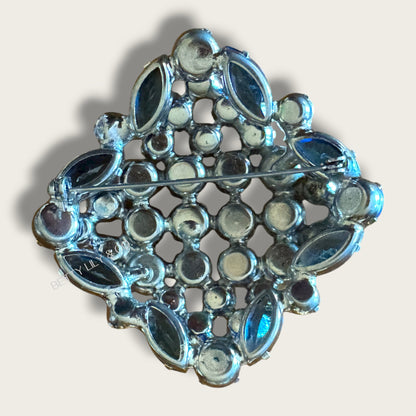 Vintage 1960s Sapphire Blue Aurora Borealis Domed Rhinestone Brooch – Layered Mid-Century Statement Pin in Silver-Tone