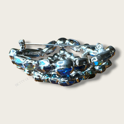 Vintage 1960s Sapphire Blue Aurora Borealis Domed Rhinestone Brooch – Layered Mid-Century Statement Pin in Silver-Tone