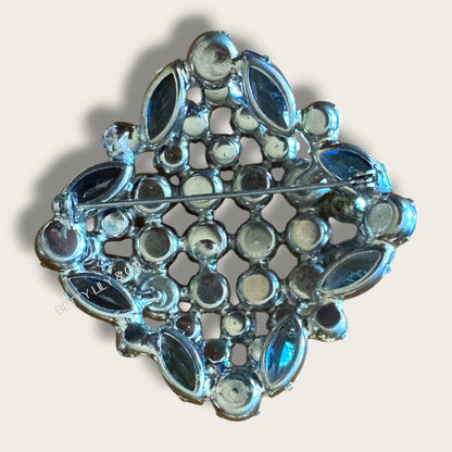 Vintage 1960s Sapphire Blue Aurora Borealis Domed Rhinestone Brooch – Layered Mid-Century Statement Pin in Silver-Tone