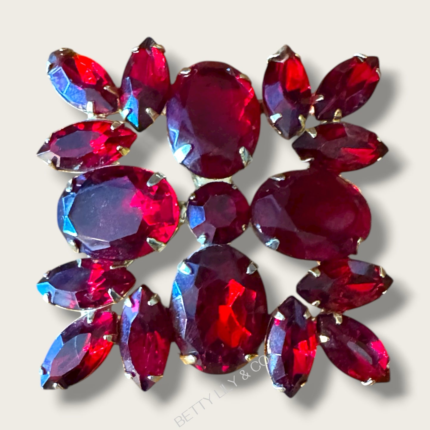 Vintage Mid-Century Ruby Red Glass Statement Brooch – Layered Marquis & Oval Cut Stones in Gold Tone (c. 1950s–1960s)