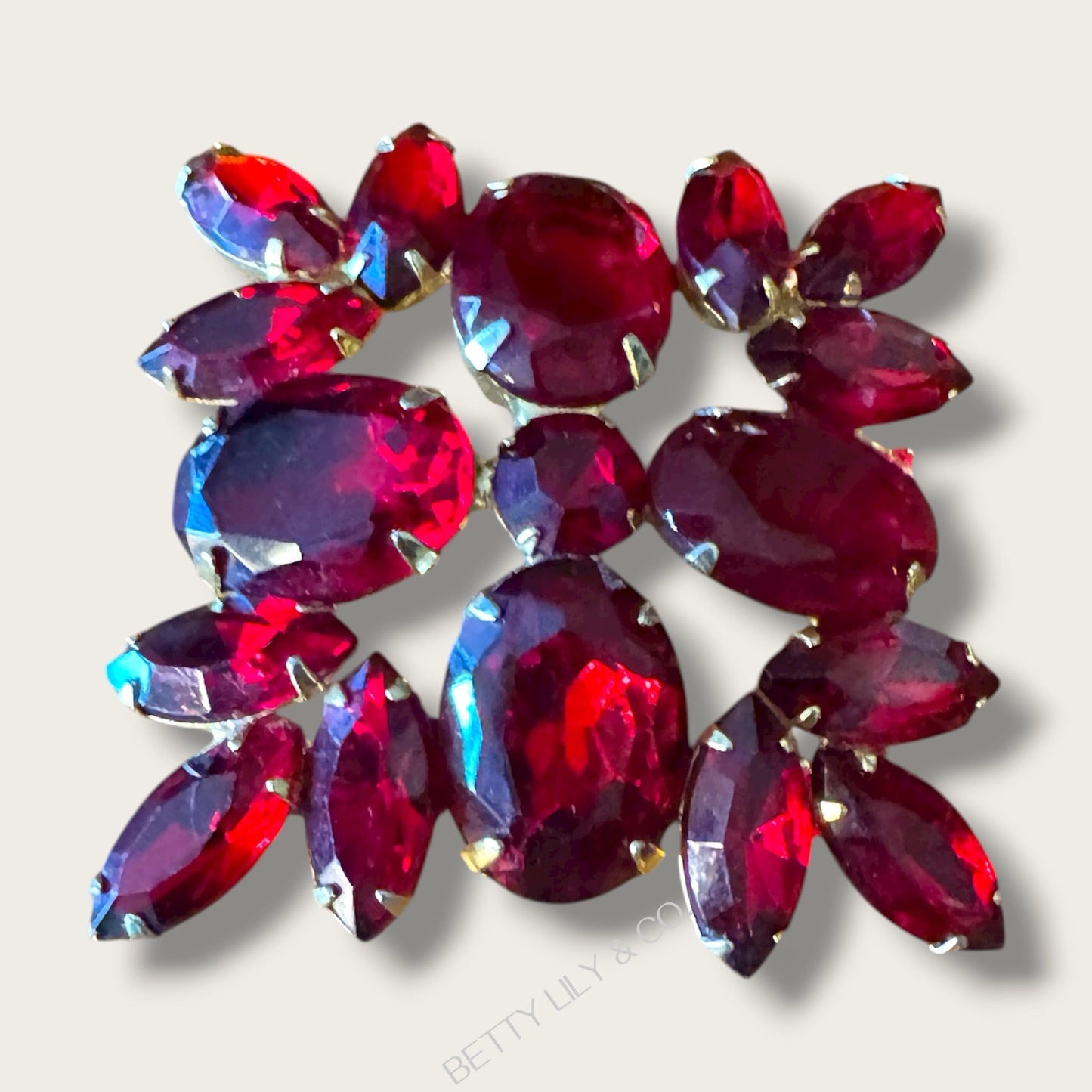 Vintage Mid-Century Ruby Red Glass Statement Brooch – Layered Marquis & Oval Cut Stones in Gold Tone (c. 1950s–1960s)