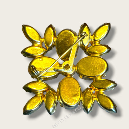 Vintage Mid-Century Ruby Red Glass Statement Brooch – Layered Marquis & Oval Cut Stones in Gold Tone (c. 1950s–1960s)