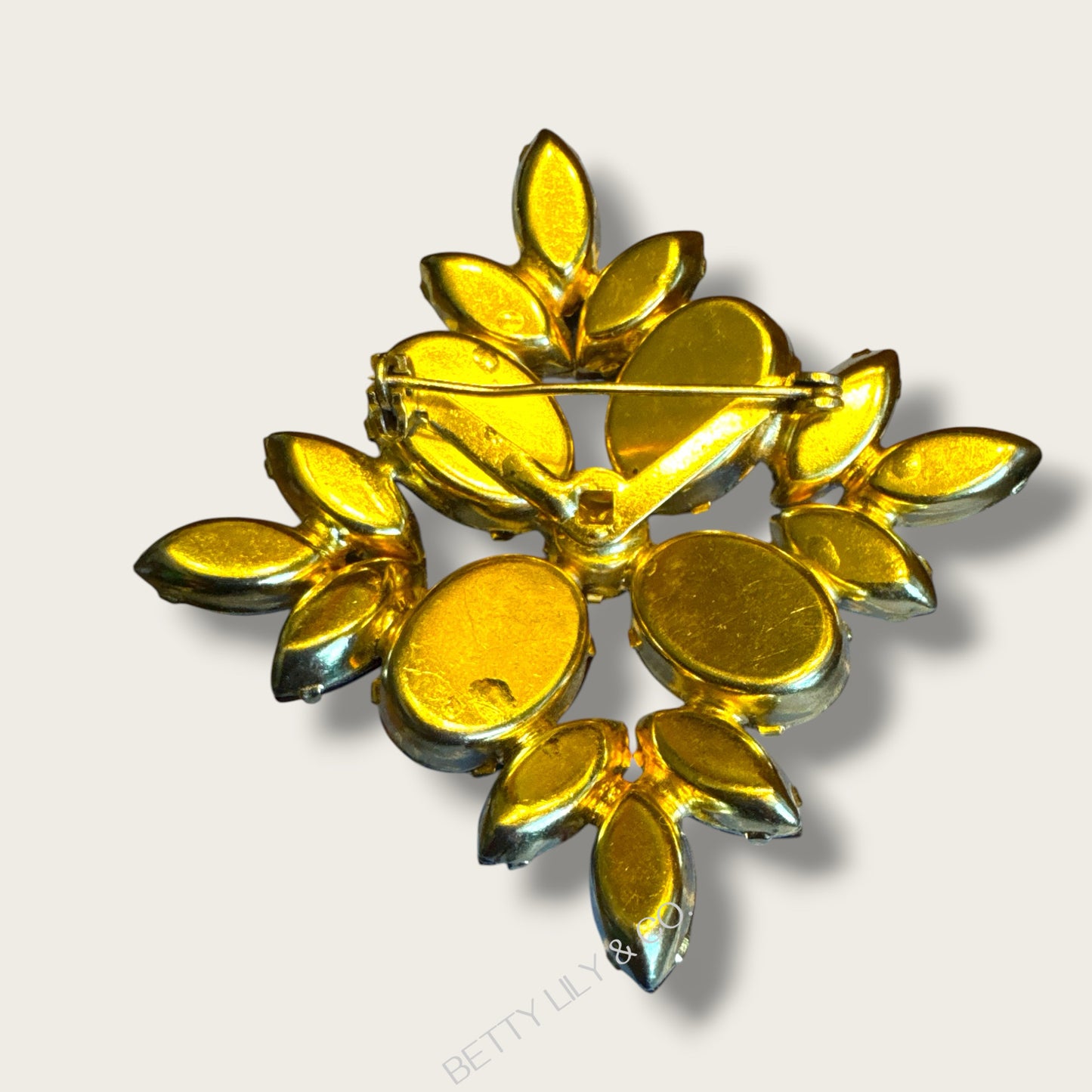 Vintage Mid-Century Ruby Red Glass Statement Brooch – Layered Marquis & Oval Cut Stones in Gold Tone (c. 1950s–1960s)