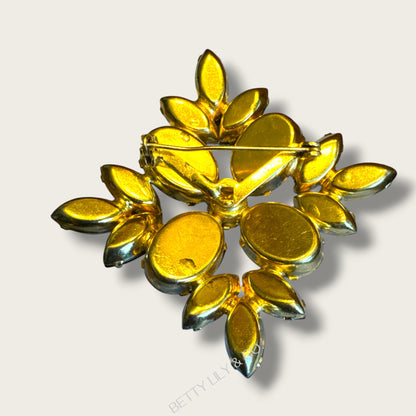 Vintage Mid-Century Ruby Red Glass Statement Brooch – Layered Marquis & Oval Cut Stones in Gold Tone (c. 1950s–1960s)