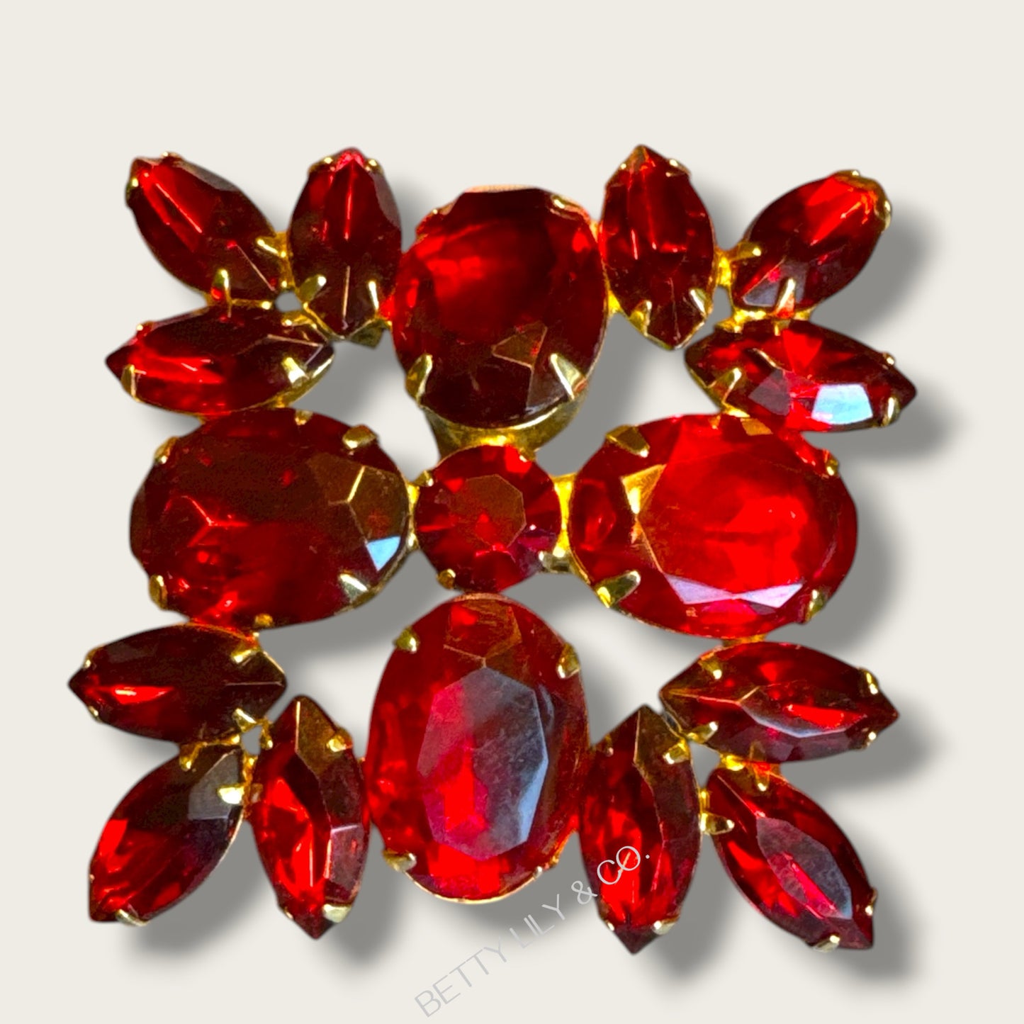 Vintage Mid-Century Ruby Red Glass Statement Brooch – Layered Marquis & Oval Cut Stones in Gold Tone (c. 1950s–1960s)
