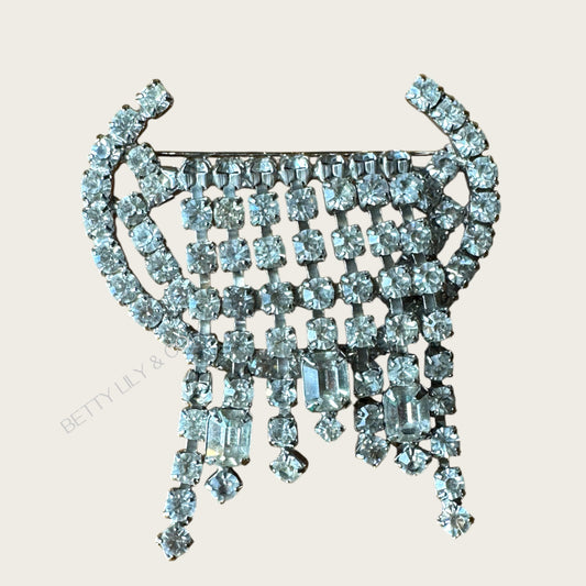 Vintage Art Deco Waterfall Rhinestone Brooch – Silver Tone, Baguette & Round Stones, Draped Fringe Design (1940s–50s)