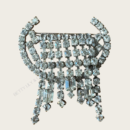 Vintage Art Deco Waterfall Rhinestone Brooch – Silver Tone, Baguette & Round Stones, Draped Fringe Design (1940s–50s)