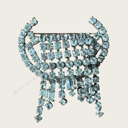 Vintage Art Deco Waterfall Rhinestone Brooch – Silver Tone, Baguette & Round Stones, Draped Fringe Design (1940s–50s)
