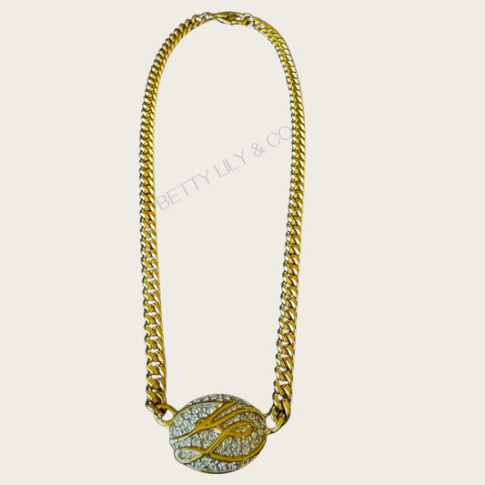 Karl Lagerfeld Couture Medallion Necklace – Signed Gold-Tone Curb Chain with Pavé Rhinestones, 1980s
