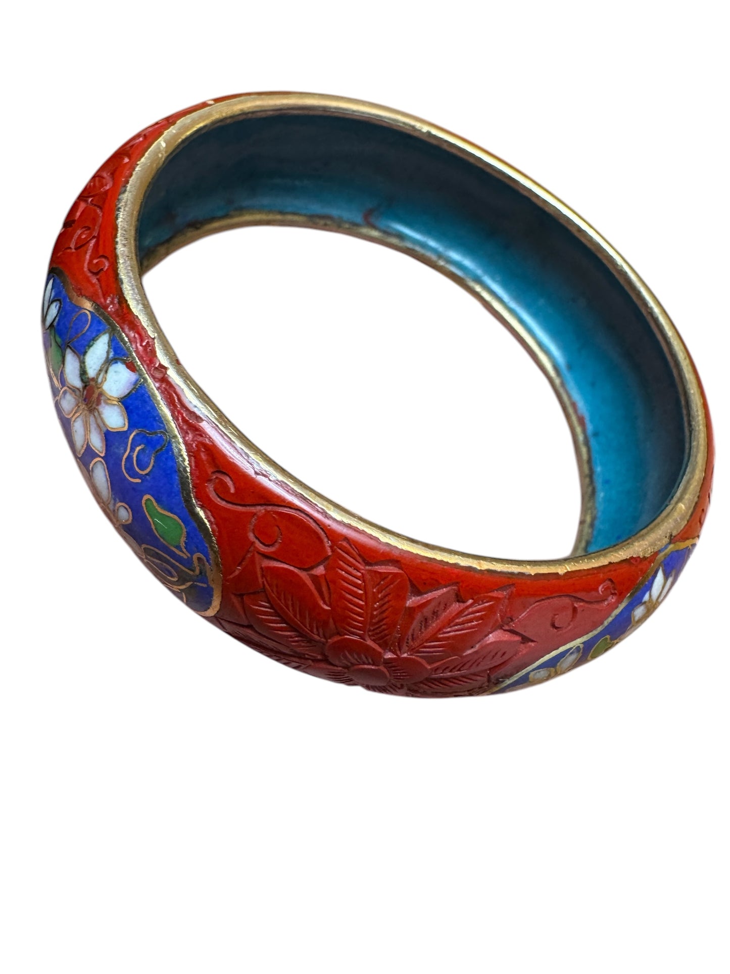 Vintage Chinese Cinnabar & Cloisonné Bracelet – Floral Carving on Brass